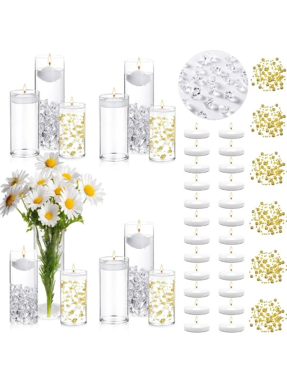 24 Floating Candles & 12 Glass Vases with 400 Acrylic Ice Cubes for Centerpieces